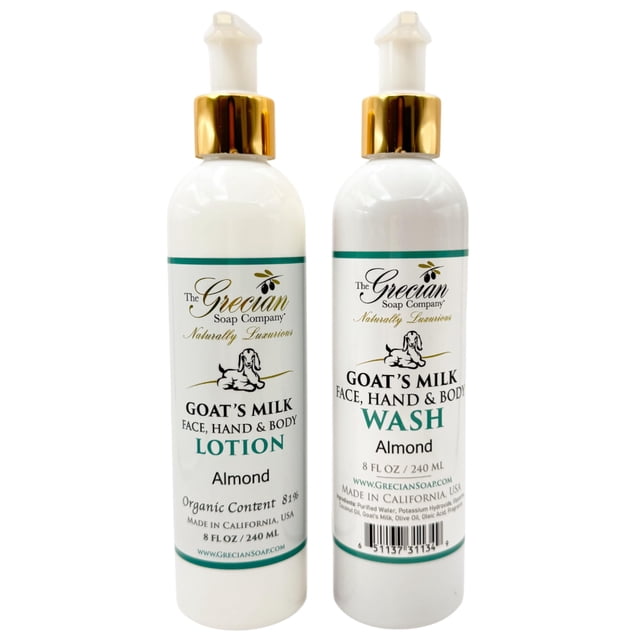 The Grecian Soap Company Juego de loción de leche de cabra y lavado corporal, aroma de almendra, 8 oz cada uno, loción corporal y lavado facial, juego hidratante para el cuidado de la piel para todo t