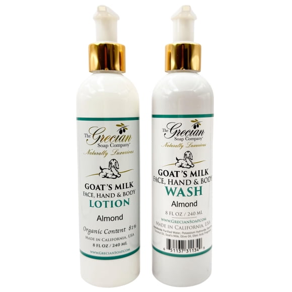 The Grecian Soap Company Juego de loción de leche de cabra y lavado corporal, aroma de almendra, 8 oz cada uno, loción corporal y lavado facial, juego hidratante para el cuidado de la piel para todo t
