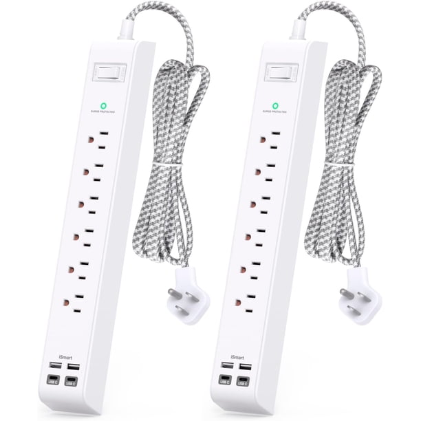 Paquete de 2 regletas de enchufes con protector de sobretensiones: 6 tomas de corriente, 4 puertos de carga USB, cable de extensión trenzado de 1,5 m, enchufe plano, protección contra sobrecargas,