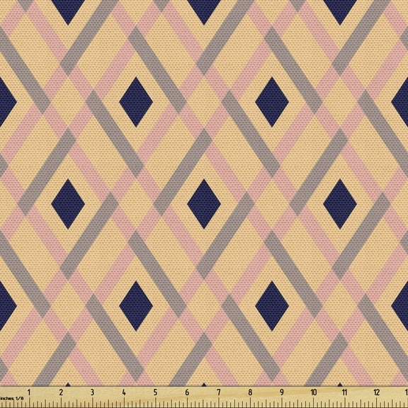 Argyle Fabric by the Yard Upholstery, Diagonal Stripes and Rhombuses Geometric Composition Pastel Colors, Decorative Fabric for DIY and Home Accents, 3 Yards, Pale Pink Navy Blue by Ambesonne