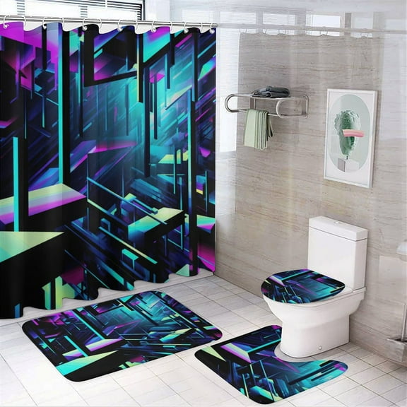 Geometric Lattice 4 Piece Shower Curtain Sets, with Non-Slip Rugs, Toilet Lid Cover And Bath Mat, for Bathroom Decor Set