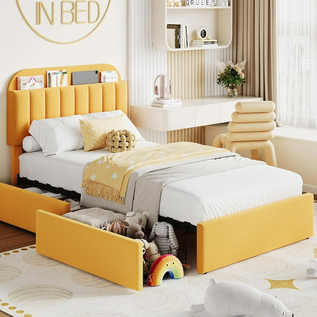 PIONEERWORKS Twin Bed Frame with Storage Headboard, Boucle Upholstered Platform Bed with Bookcase & 2 Drawers, No Box Spring Needed, Easy Assembly, Yellow