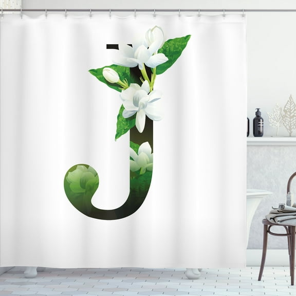Ambesonne Letter J Shower Curtain, Abstract Jasmine and J, 69"Wx70"L, Green White Black