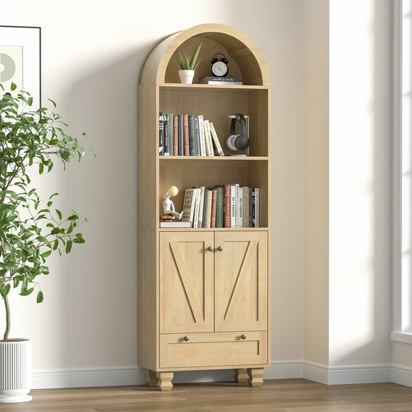 Eumyviv 71" Arched Bookcase with Doors, Mid-Century Modern 5-Tier Bookshelf with storage, Open Display Storage Shelf for Living Room, Dining Room, Kitchen, Oak, GT050