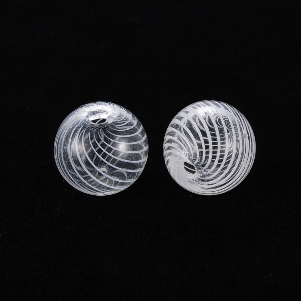 50pcs Transparent Handmade Blown Glass Globe Beads Stripe Pattern Round White 12.5~13.5mm Hole: 1.2~2mm