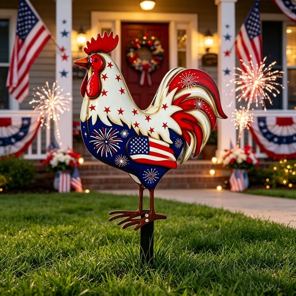 erdimoy 4th of July Patriotic Metal Rooster Yard Stake, 12" Red White Blue Garden Decoration with Stars, Fireworks & American Flag Design