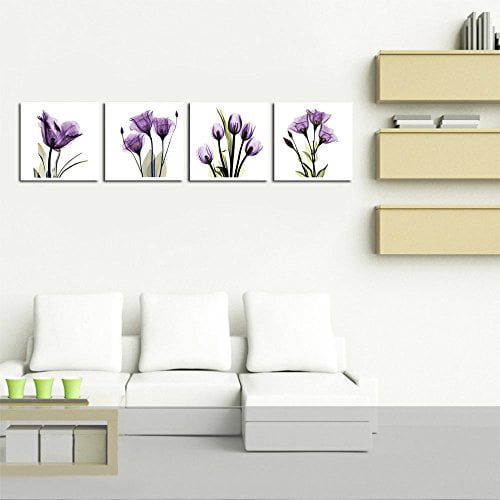 HLJ ART 4 Panel Elegant Tulip Purple Flower Canvas Print Wall Art Painting  For Living Room Decor And Modern Home Decorations Photo Prints 