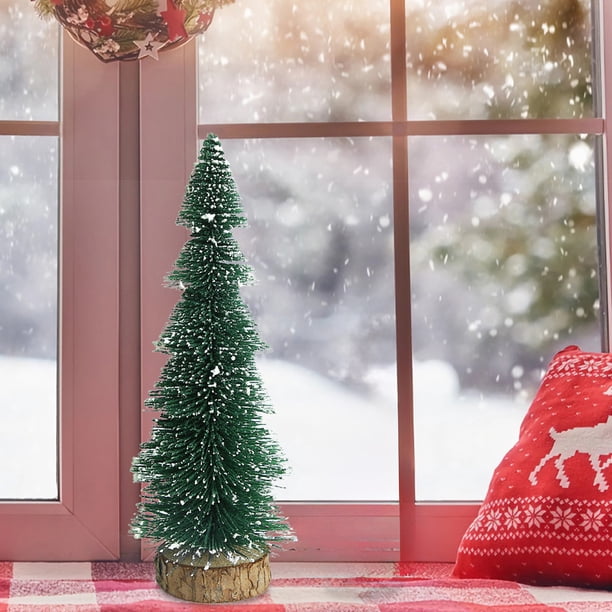 Mini árbol de Navidad con nieve | Decoración navideña para mesa y ventana | Cedro artificial con base de madera | Decoración festiva de 21 cm