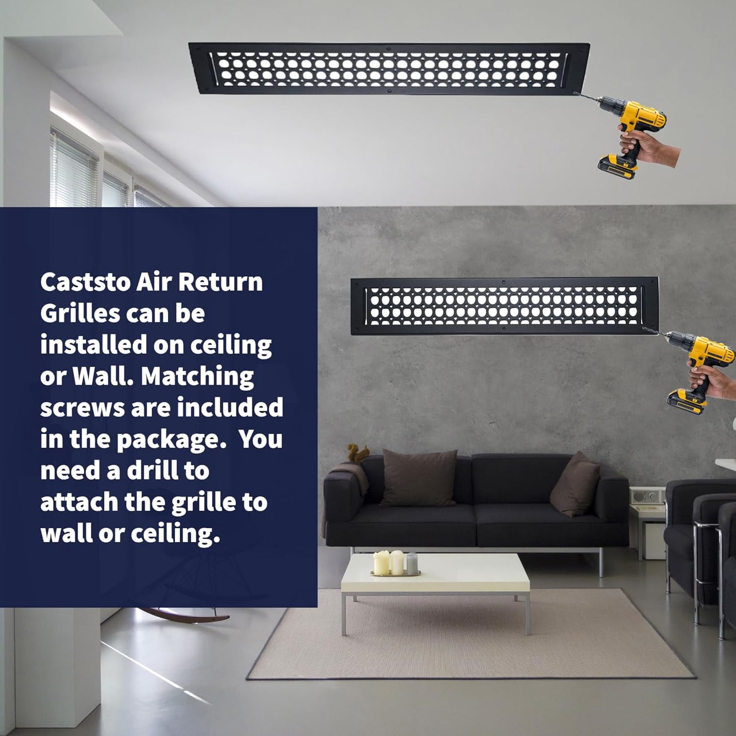 4"x30" Caststo Cast Aluminum Contemporary Design Air Return Grille | Overall 6"x32" | Black | Model-Oval (With Holes)