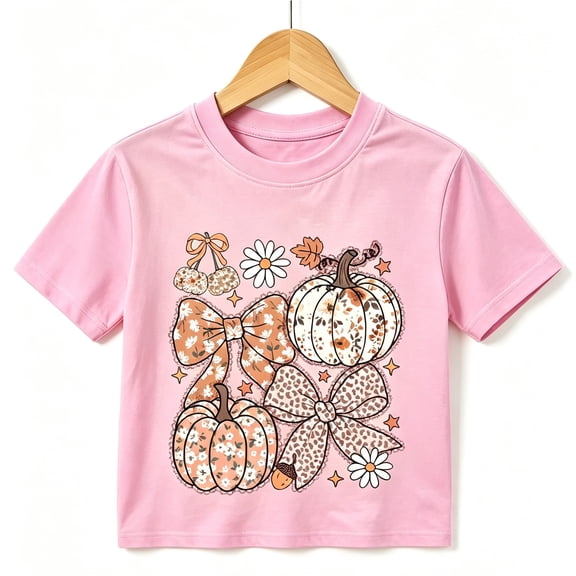Halloween Girls T-Shirt Pumpkin Bow Flower Print Design 100% Cotton Short Sleeve Kids Tees Gift For Children Pink