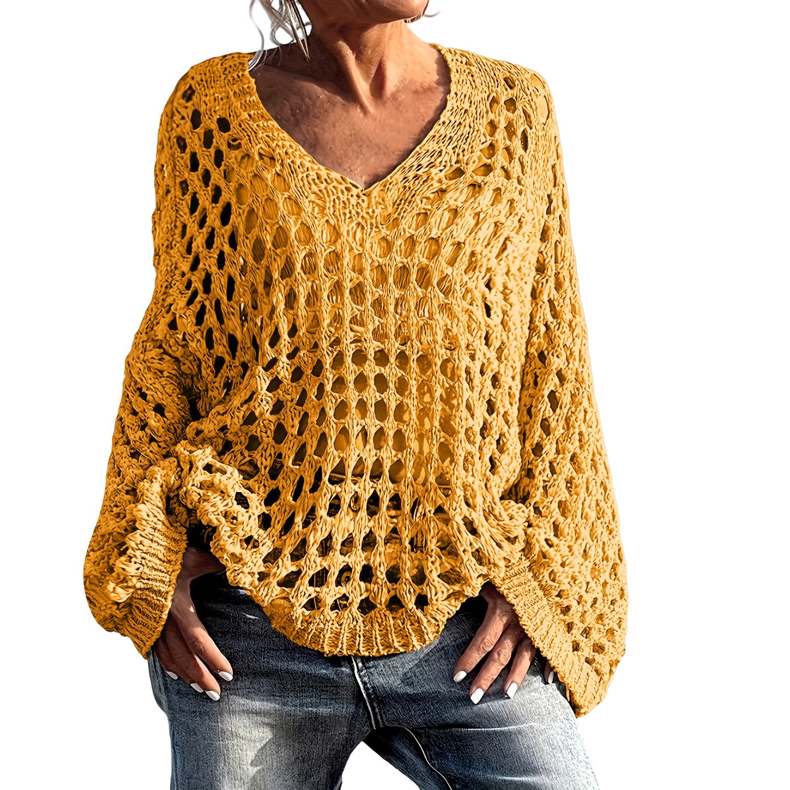 T Shirts For Women Crochet Knit V Neck Long Sleeve Hollow Out