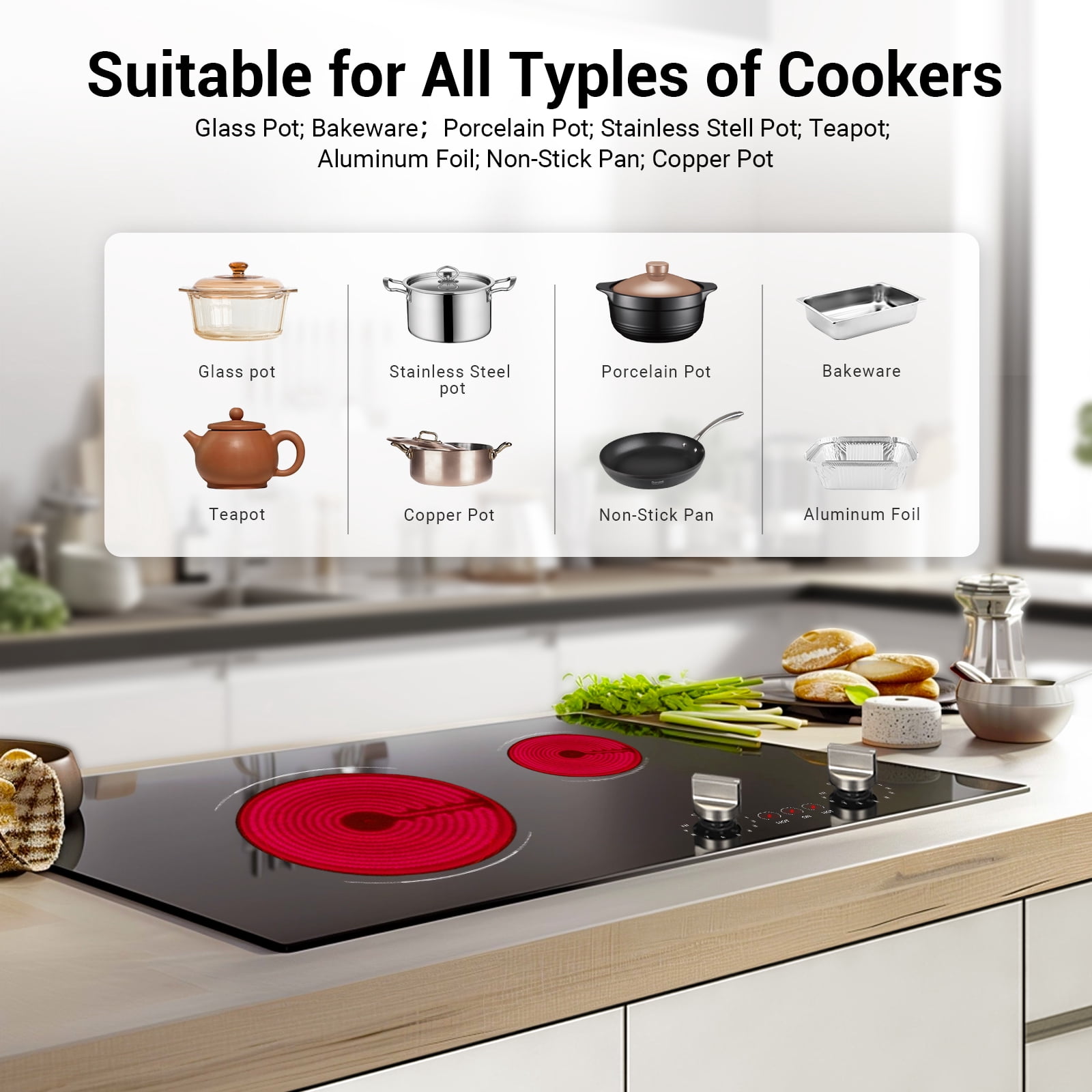 21 Inch 2 Burners Electric Cooktop 3700W Apartment Electric Stove Top Double Radiant, UL Certified, 9 Heating Level Knob Control, Overheating Protection, 110V-240V Ceramic Glass Cooktop