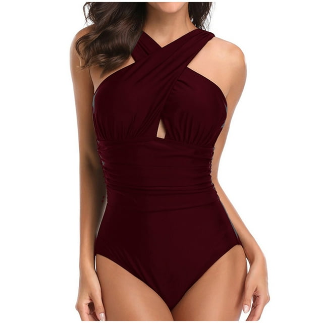 Ketyyh-chn99 Maillots de Bain pour Femmes Tankini Robe de Bain pour Femmes Contrôle du Ventre une-Pièce Froncée Échancrée Maillot de Bain Contrôle du Ventre Vin,G