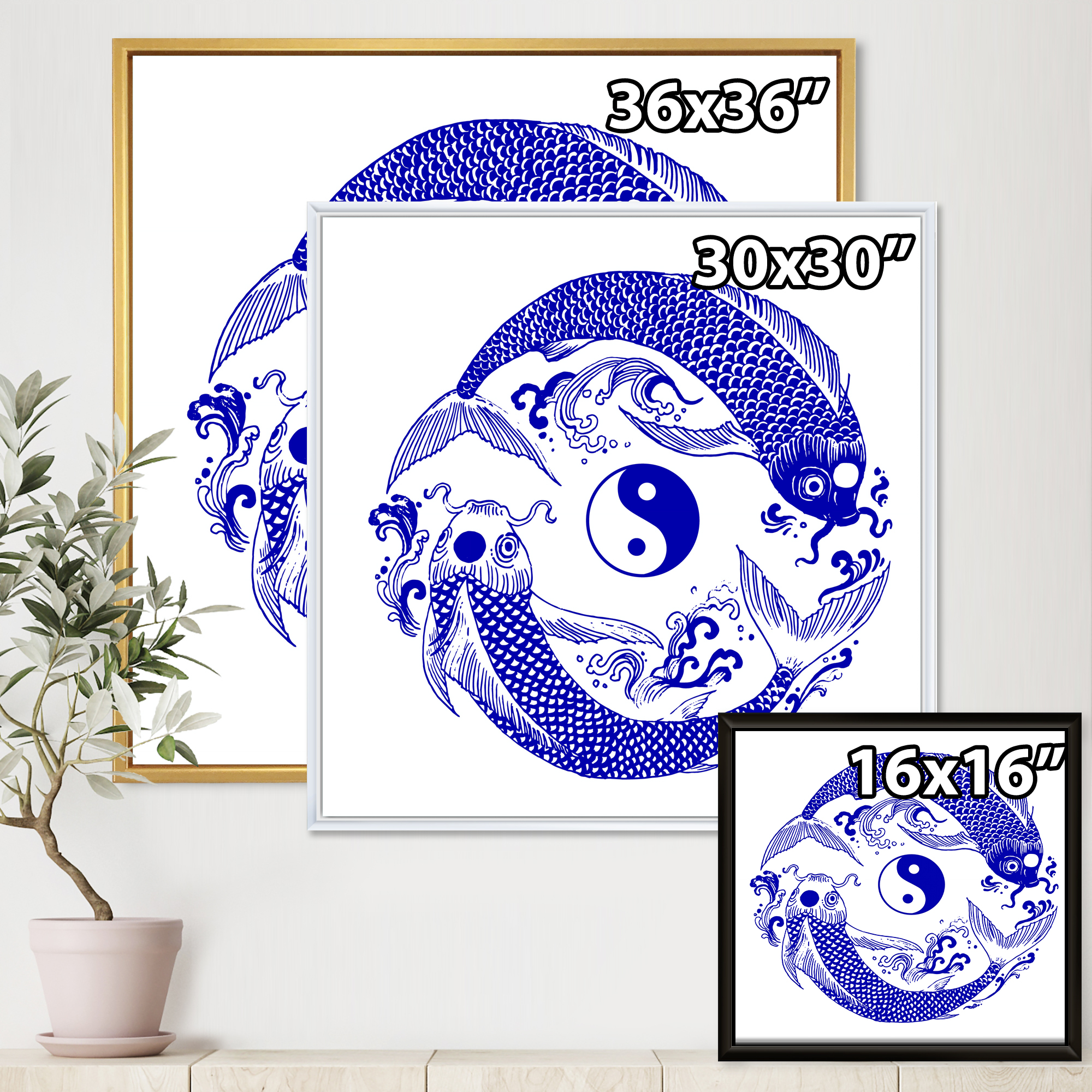 Designart 'Blue Chinoiserie Koi Fish II' Traditional Framed Canvas Wall Art Print