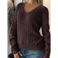 thumbnail image 5 of Women Long Sleeve Cable Knit Sweater Fashion V Neck Fitted Pullover Top Business Casual Fall Outfits Brown M, 5 of 7