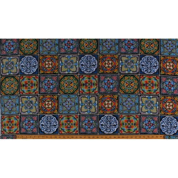 Cotton Ceramic Tiles Designs Flowers Abstract Floral Artistic Royal Blue Cotton Fabric Print by the Yard (264ROYAL)