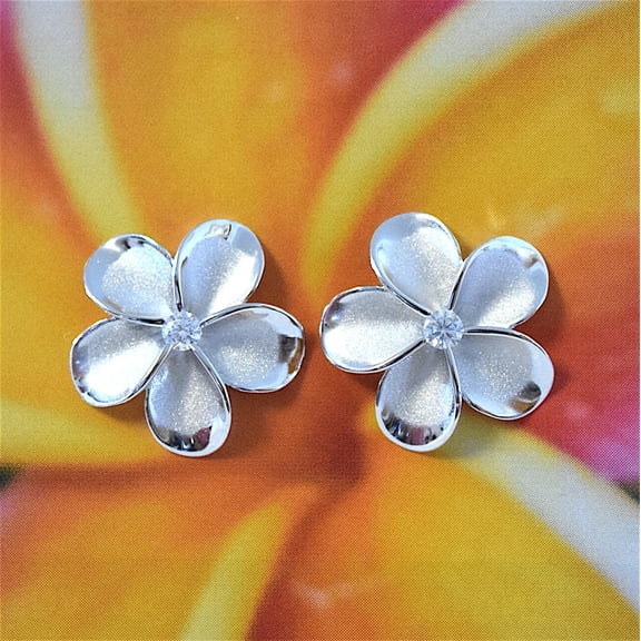 Gorgeous Hawaiian Large Plumeria Earring, Sterling Silver Plumeria Flower CZ Stud Earring, E4027 Birthday Wife Mom Valentine Gift, Statement