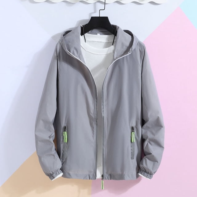Handshe Manteau à Capuche Réfléchissant à Fermeture Éclair pour Homme, Manteau de Protection Solaire à Manches Longues avec Poches pour l'Extérieur, Coupe-Vent Décontracté Uni pour la Randonnée, le Camping et les Activités de Plein Air, Grande Taille