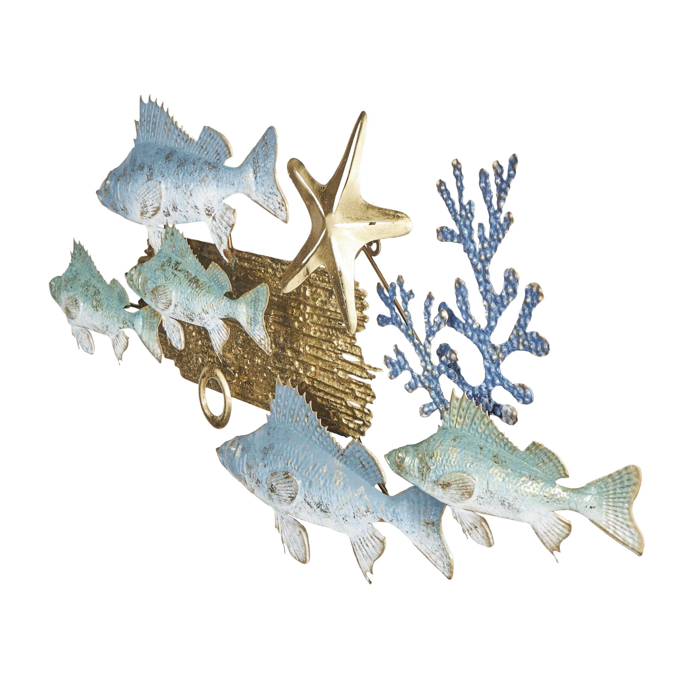 DecMode Blue Metal Fish Wall Decor with Gold Accents