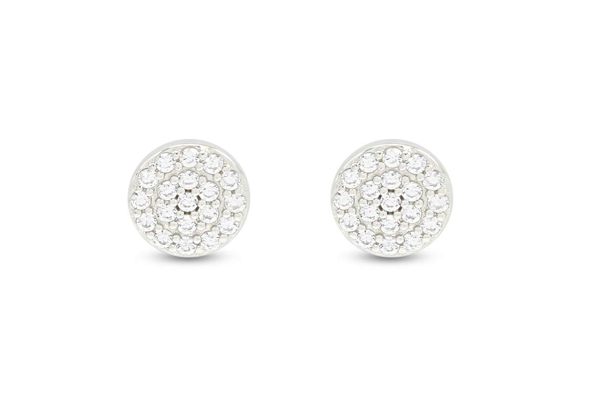 Round Sparkling White Cubic Zirconia Dainty Disc Stud Earrings 14k White Gold Plated 925 Sterling Silver with push-backs