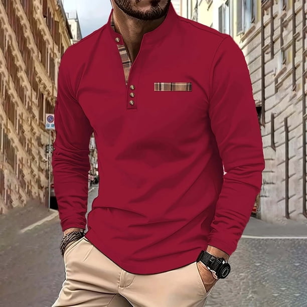 Blusa y camisa de cuello alto de manga larga para hombre, moda versátil, bloque de color, botones, blusa de cuello alto de manga larga, abrigo de poliéster para hombre