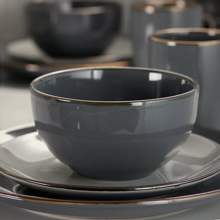 Elama 16-Piece High Gloss Dinnerware Set - Red & Black Modern Stoneware