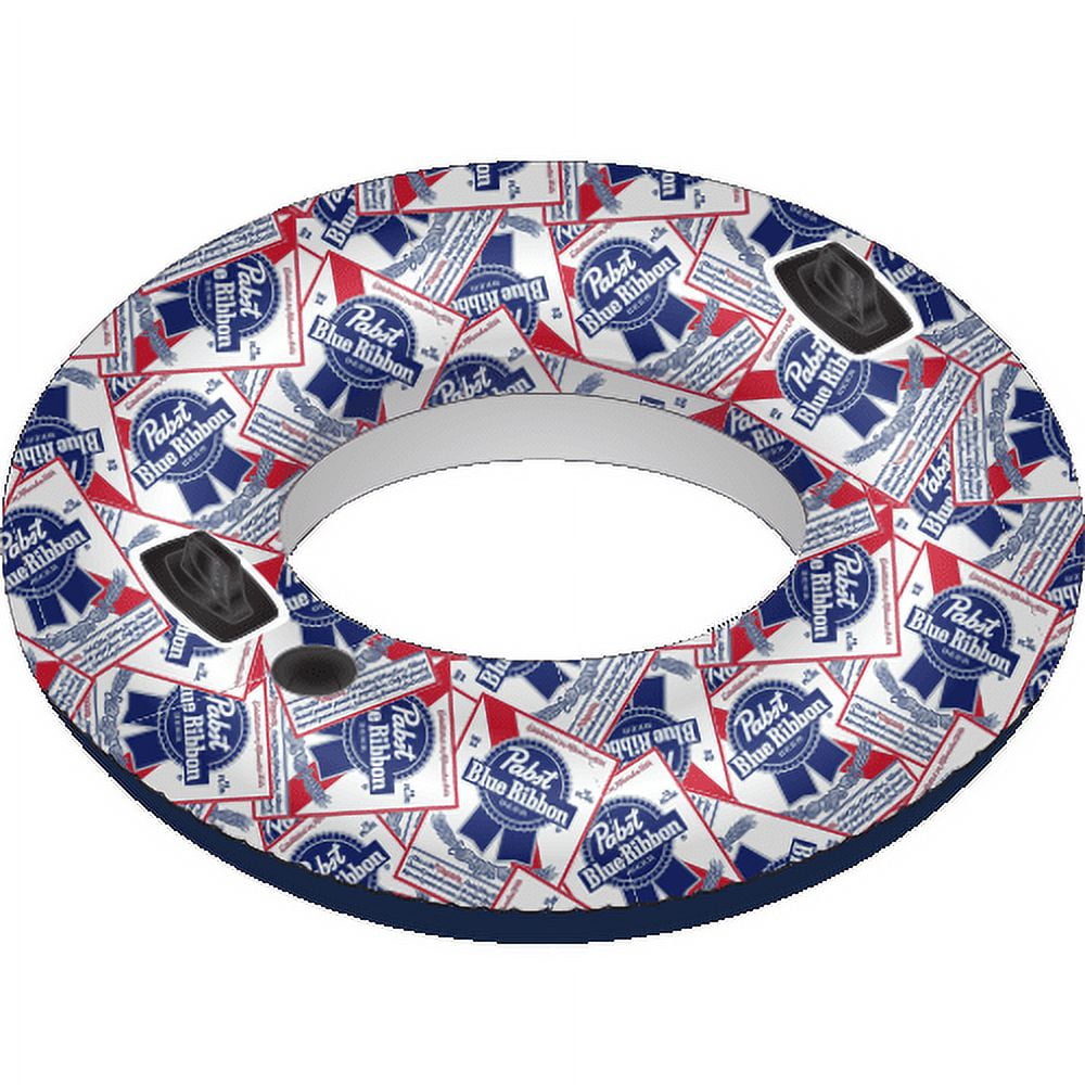 Pabst Blue Ribbon Inflatable Swim Tube Adult Ring Float for Pools Rivers Lakes, Built-in Handles and Cup Holder