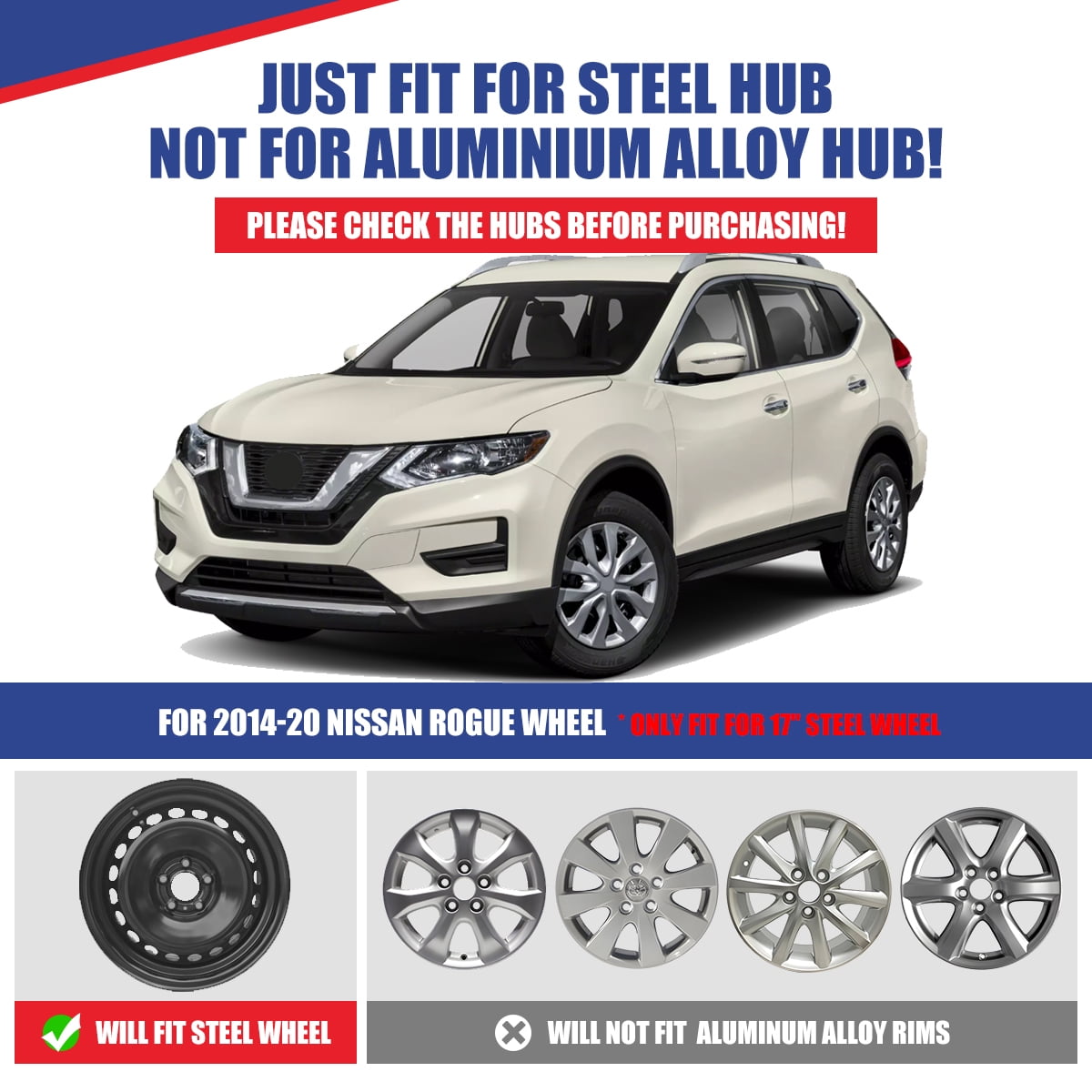 (4 Pack)17" Hubcaps Wheel Rims Cover for 2014-2020 Nissan Rogue Compatible with Steel Wheels Snap on Installation ABS+PC Material(17-inch,Lacquer)