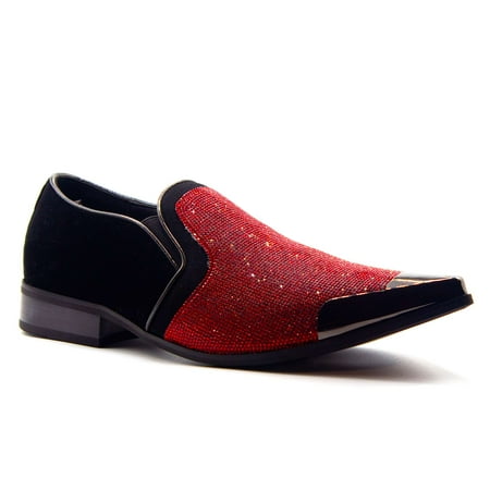 Men s Sparkle Bling Slip On Metal Tip Pointy Toe Formal Loafers Dress Shoes  Red  9