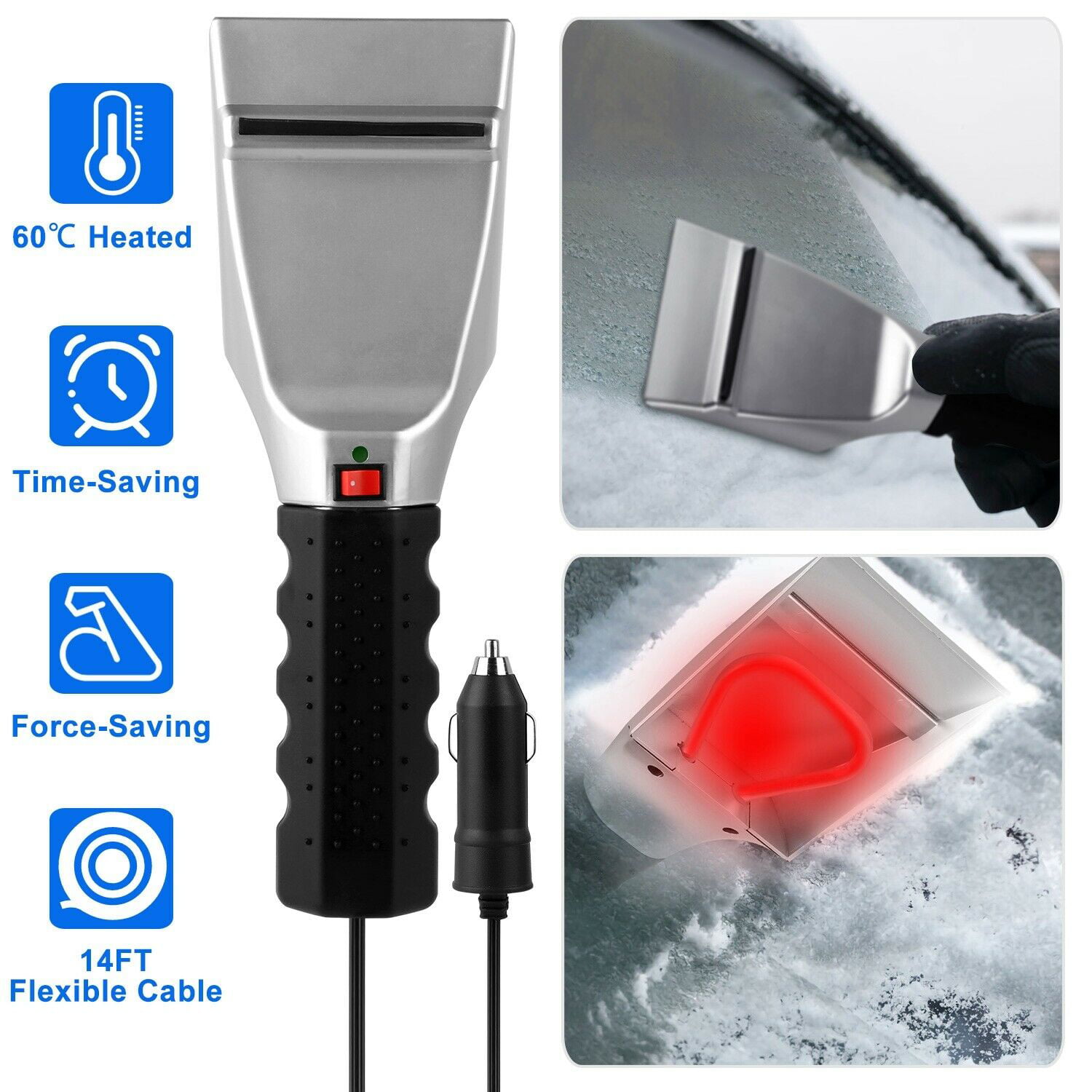 Grease Monkey Heated Ice Scraper With Light 12V Car Charger Compatible 