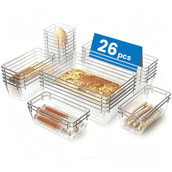 Sindcom 26 PCS Clear Plastic Stackable Organizer Bins，Makeup Drawer Organizers and Vanity Organizer