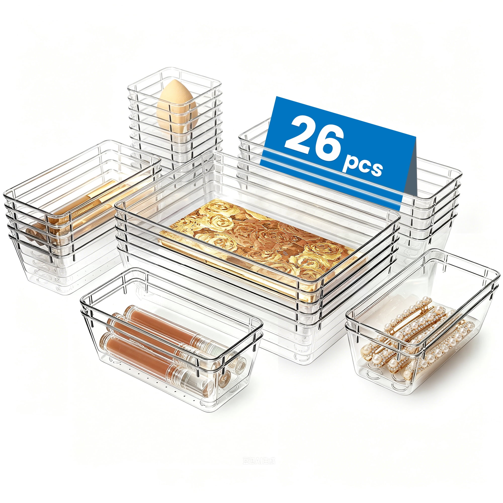 Sindcom 26 PCS Clear Plastic Stackable Organizer Bins，Makeup Drawer Organizers and Vanity Organizer