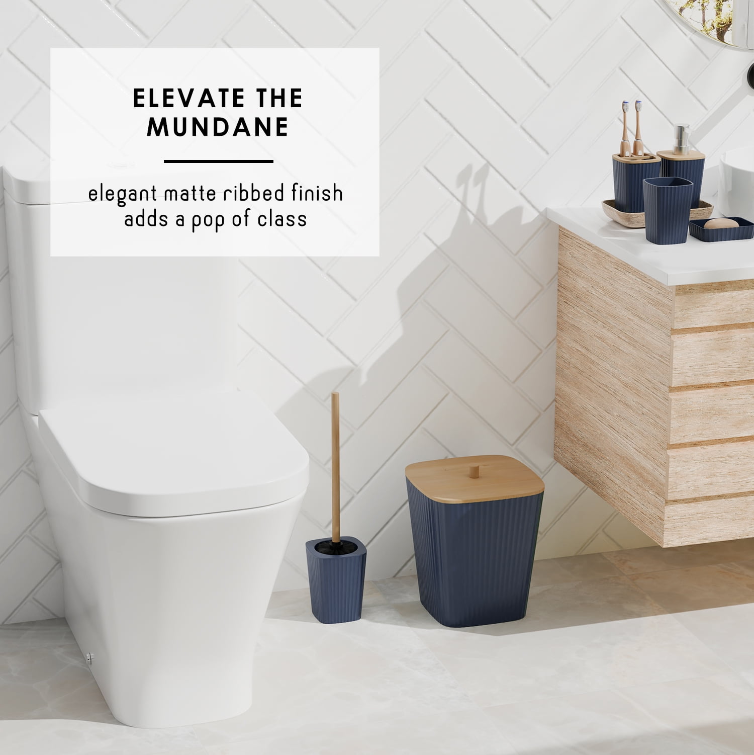 Hearth & Harbor 6 Piece Bamboo Bathroom Sets, Navy Blue Bathroom Accessories Set for Minimalistic Bathroom Décor