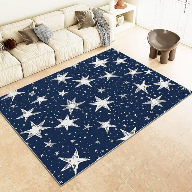 Area Rug for Living Room 7x8 ft Navy Blue Star Pattern Washable Low Pile Rugs Indoor Non Slip Floor Rugs, Ultra Soft Faux Wool Carpet for Bedroom Dining Room Kids Room