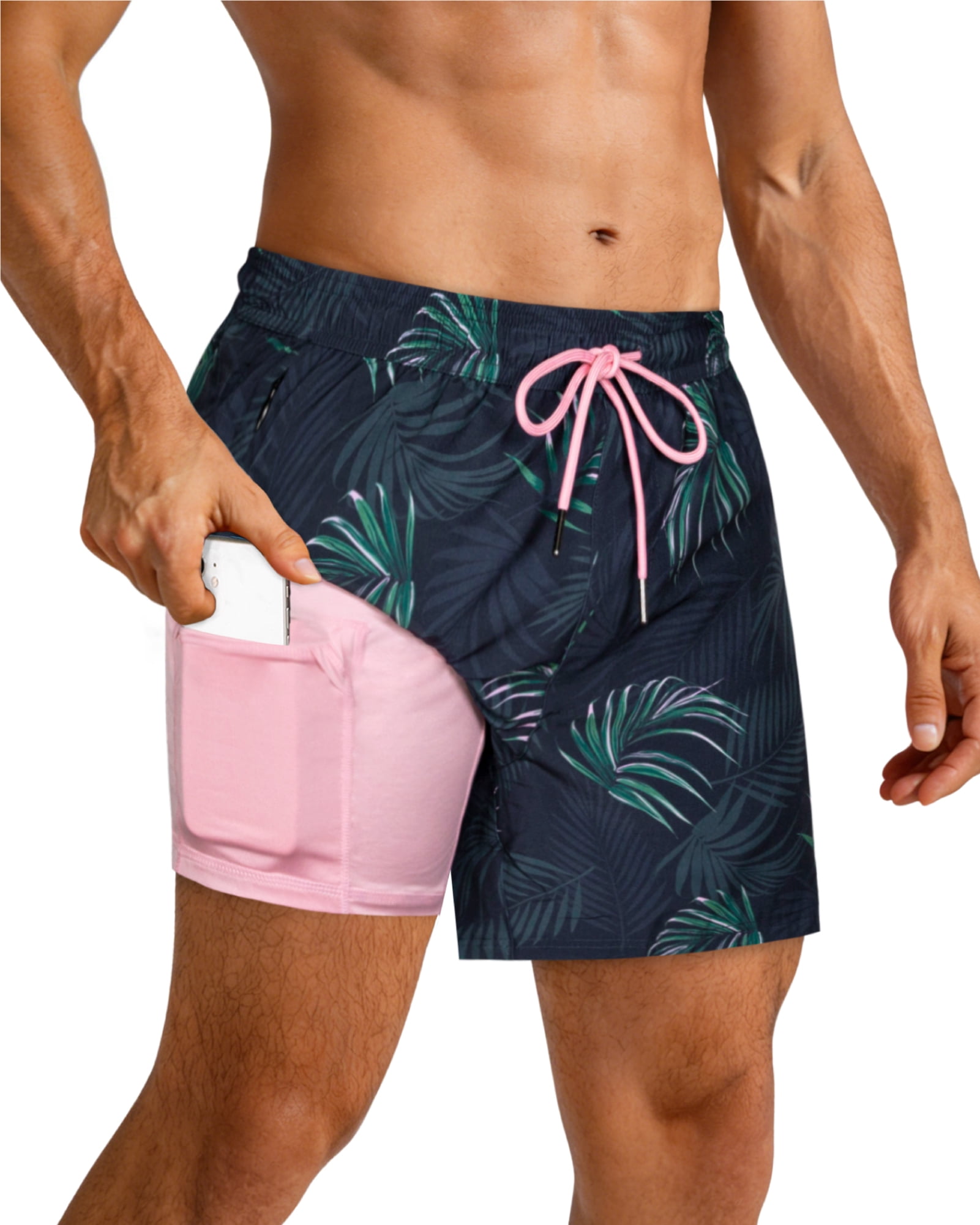 SURF CUZ Mens Swim Trunks with Compression Liner Mens Swimming Trunks 5 Inch Bathing Suit with Zipper Pockets Quick Dry Swim Shorts 02 Black Pink Tropical Large