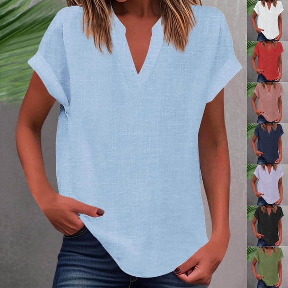 Inverlee Cotton Linen Short Sleeve Tshirts for Women Summer Casual Notch V Neck Basic Tees Trendy Relax Fit Solid Color Tunic Tops