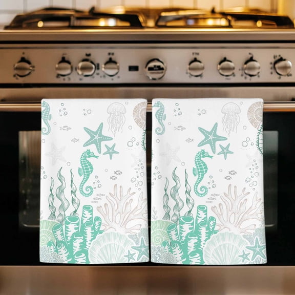 Coastal Turquoise Kitchen Towels Set of 3, Coral Starfish Jellyfish Seahorse Absorbent Dish Towels for Kitchen, Microfiber Hand Towel, Quick Drying Tea Towel for Cleaning Decorative Dishcloths