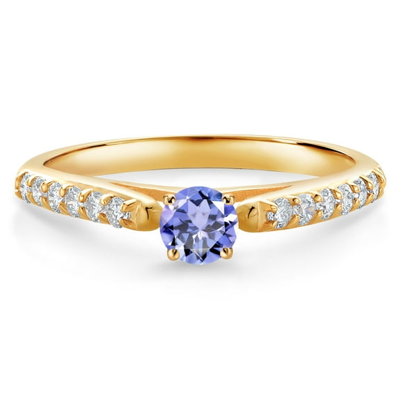 Gem Stone King 10K Yellow Gold Blue Tanzanite and White Lab Grown Diamond Engagement Ring for Women (0.36 Cttw, Gemstone December Birthstone, Round 3.5MM, Size 9)