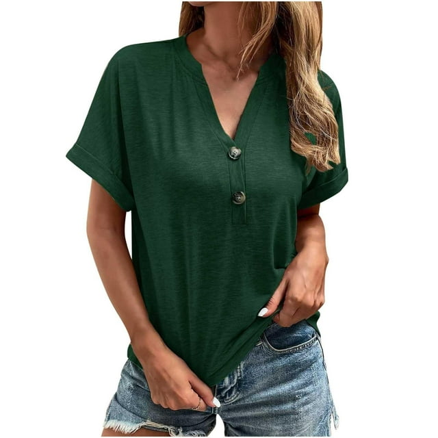 Timegard Hauts pour Femmes Col en V Cranté Boutons Manches Courtes T-Shirts Été Ajustement Décontracté Confortable
