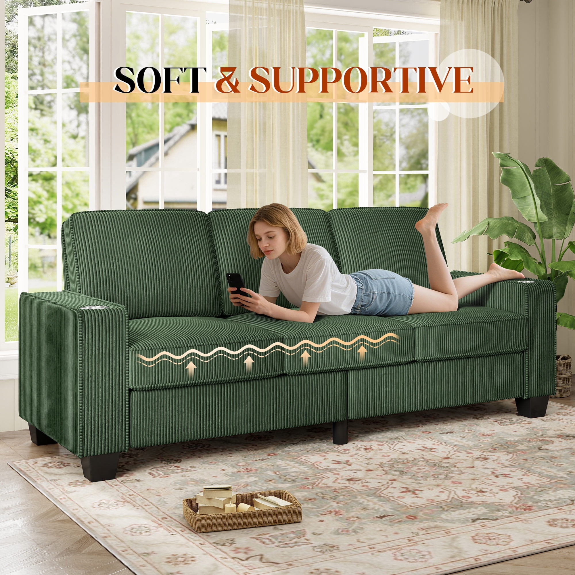 Muumblus 83.5" Living Room Sofa with Cup Holders, Cozy Plush Upholstered Couch, Corduroy Sofa 3-Seater, Green
