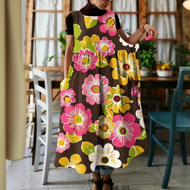 Uootdi Robes Tablier pour Femmes Col Rond Sans Manches Imprimé Floral Poche Robes Maxi Boho Légères Amples Robes Chasuble Cadeau