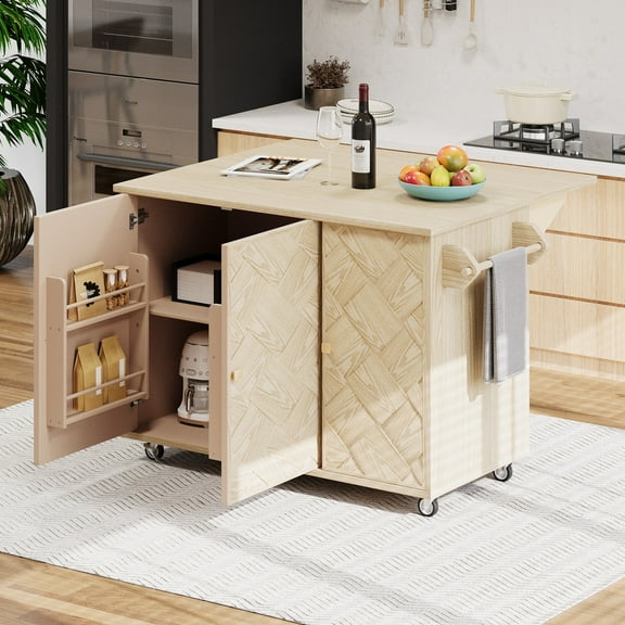 DEALTOPS 51.2'' Kitchen Island Cart With Drop Leaf and Internal Storage Rack, Rolling Ash Veneer Handwoven Kitchen Storage Cart, Natural Wood