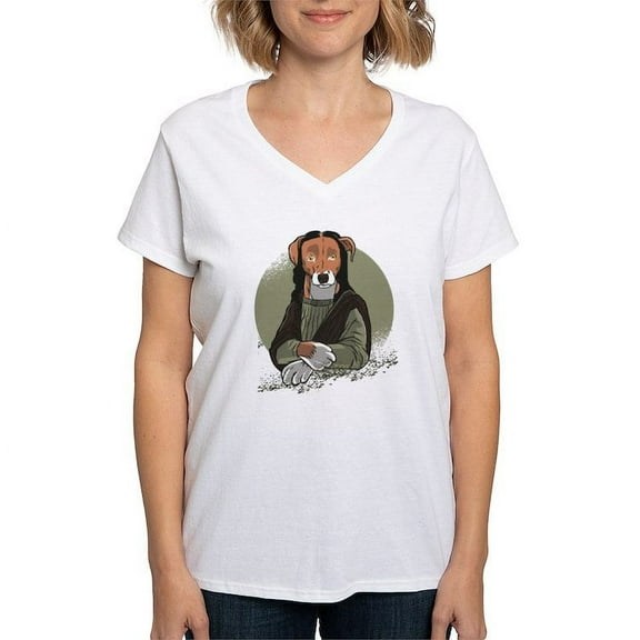 CafePress - Mona Lisa Dog T Shirt - Womens Cotton V-Neck T-shirt