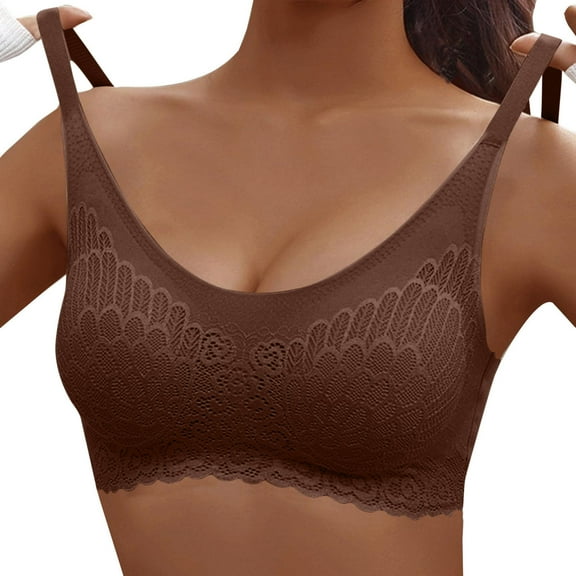 Amidoa Lace Bras for Women Wireless Seamless Brown Push-up Bralette Women's Lingerie L