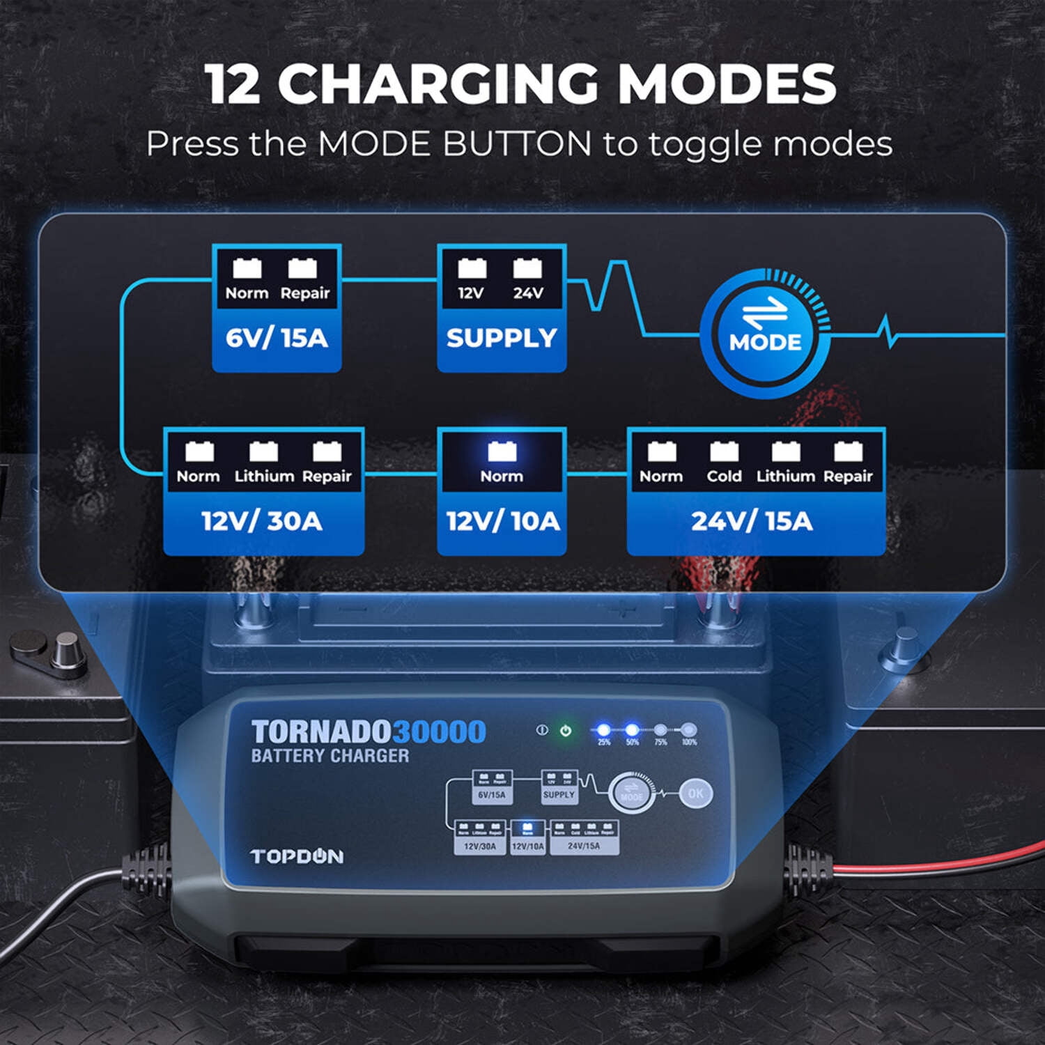 TOPDON Tornado30000 - 30A Smart Charger and Power Supply 12V/24V, Lithium