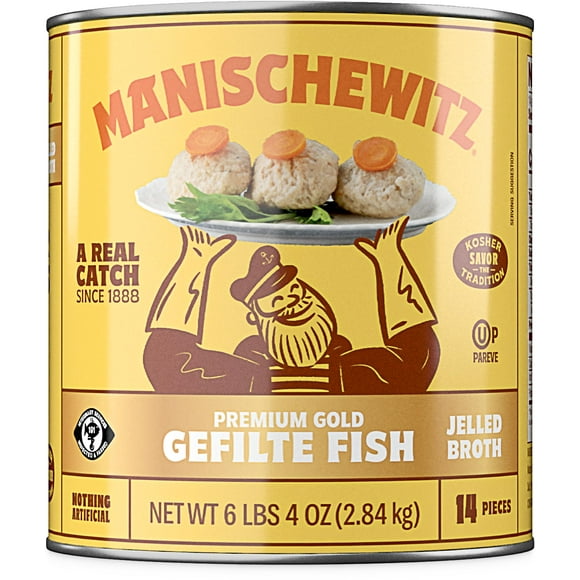 Manischewitz Premium Gold Gefilte Fish, 14 Pieces in Jelled Broth, No MSG, Kosher for Passover