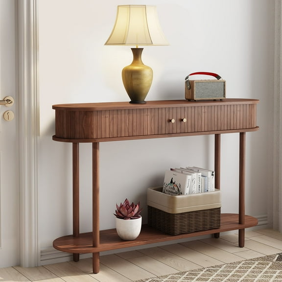 Walnut Wood Console Table with Storage, Modern Sofa Table with Sliding Doors, and Open Storage