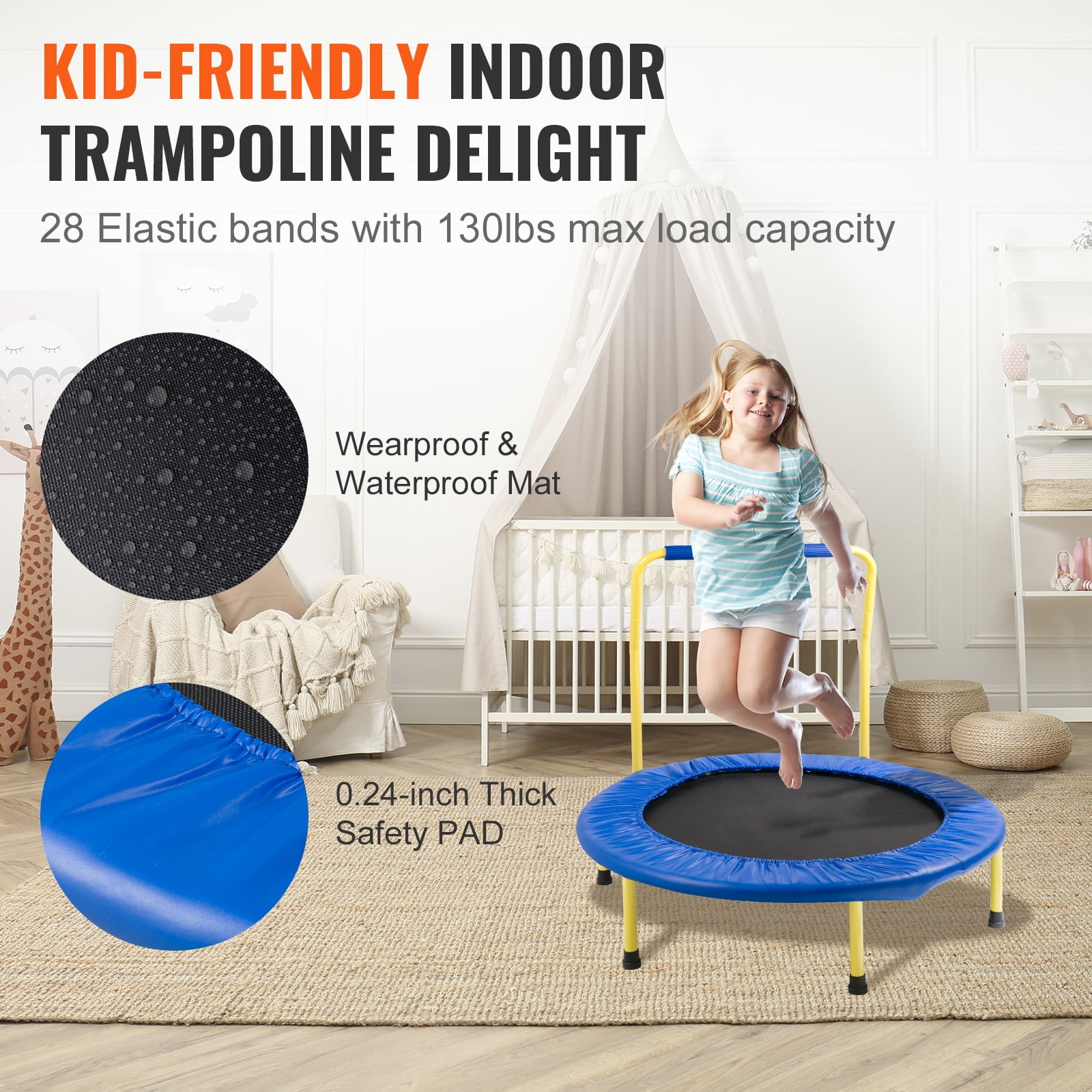 KFFKFF 36-inch Trampoline for Children, 3FT Indoor/Outdoor Toddler Trampoline, Collapsible Petite Trampoline with Cushioned Grip, Fun Trampoline Present for Kids Aged 3