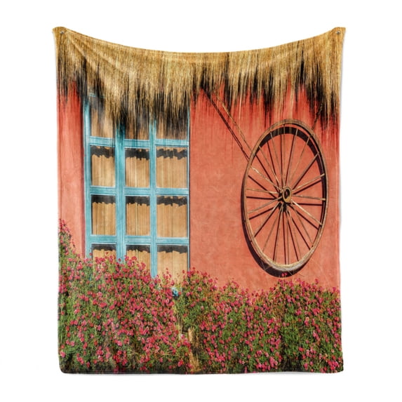 Barn Wood Wagon Wheel Soft Flannel Fleece Throw Blanket, Country House in Ecuador Red Wall Window Summer Flowers Straw Roof, Cozy Plush for Indoor and Outdoor Use, 70" x 90", Multicolor, by Ambesonne