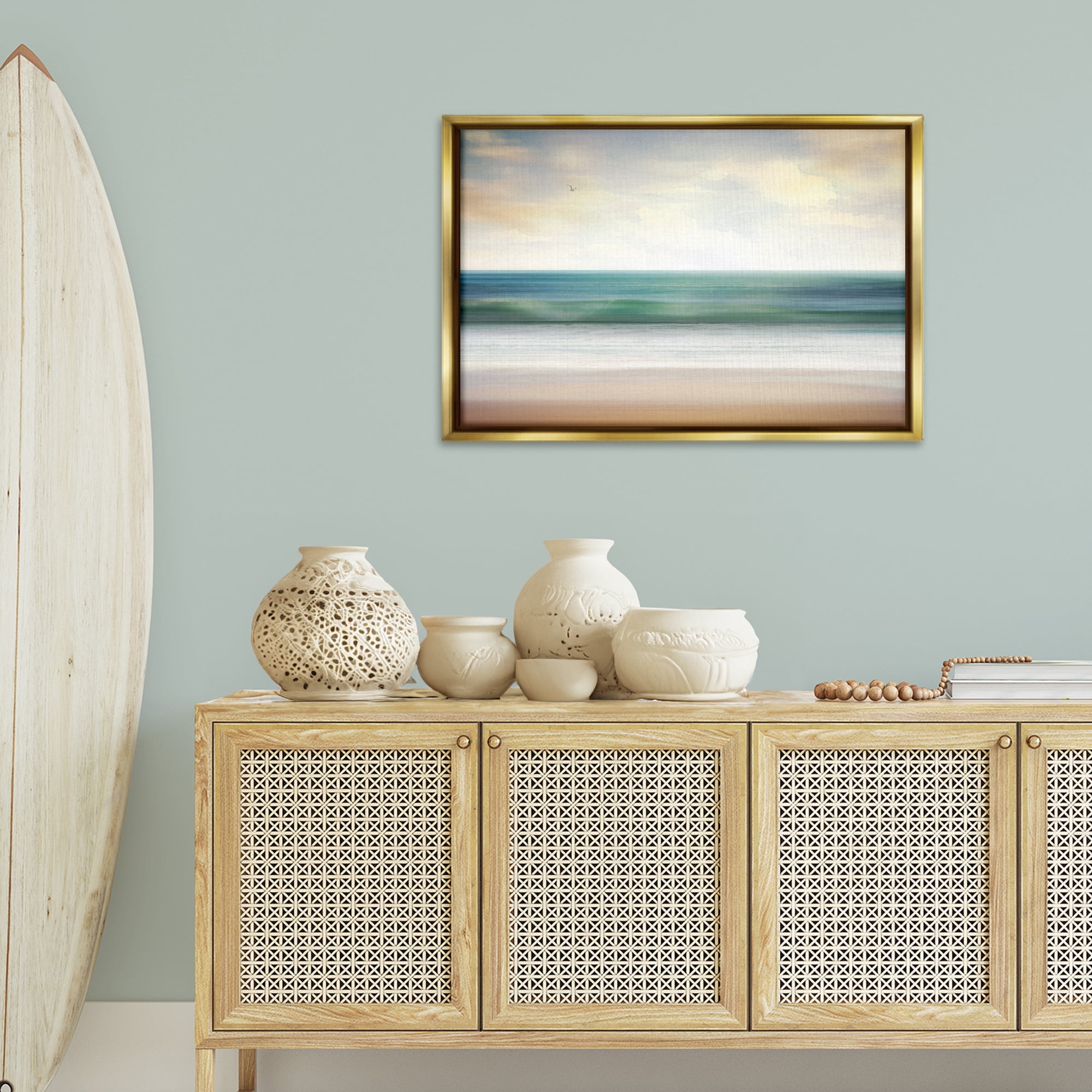 Stupell Industries Lone Seagull Over Beach Landscape Painting Gold Floater Framed Canvas Art Print Wall Art, 31 x 21